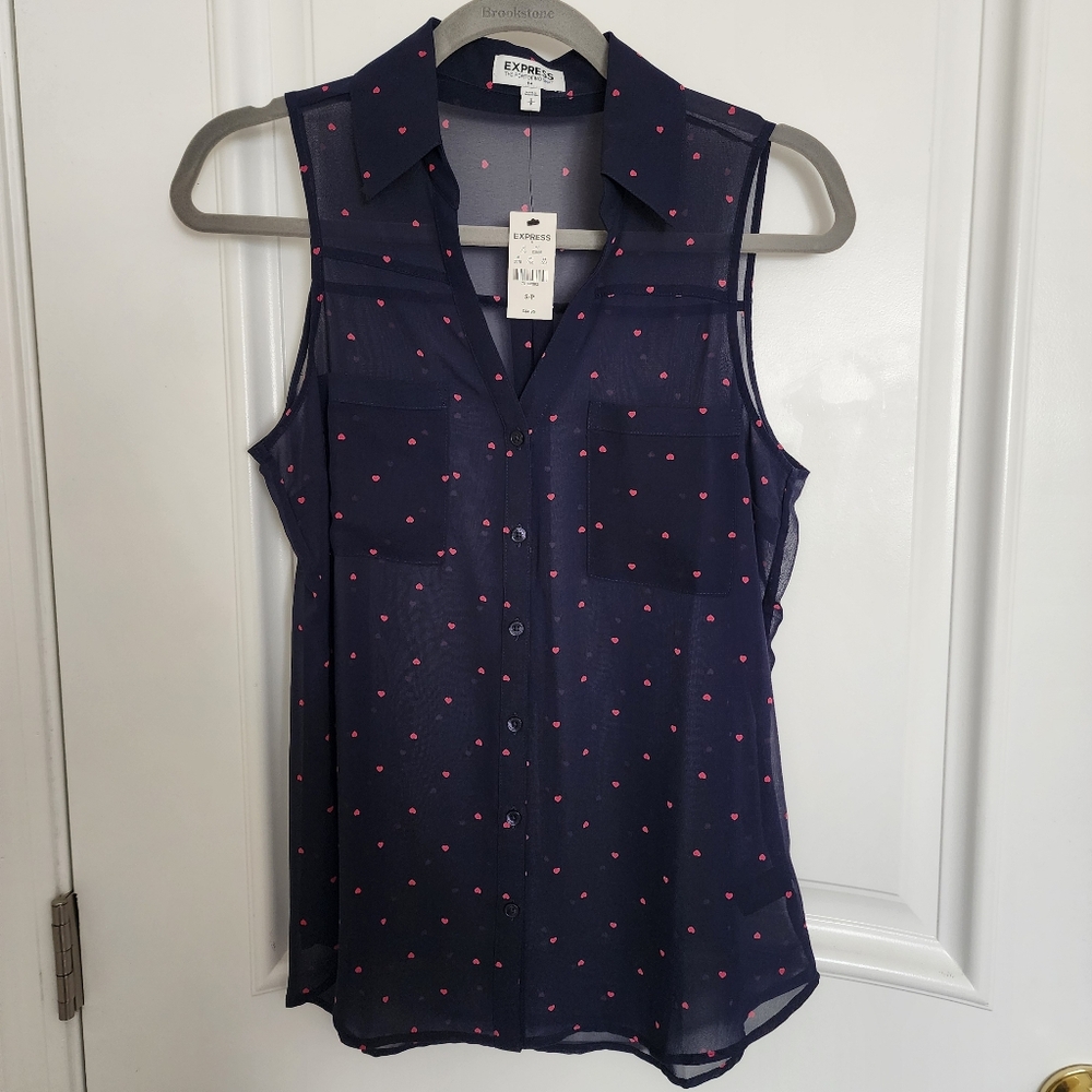 Express Portofino Heart Print Sheer Sleeveless Shirt